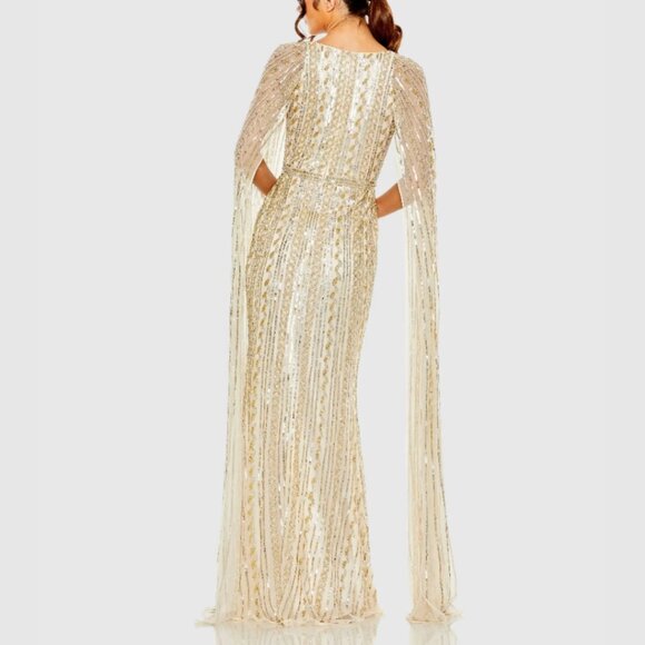 Mac Duggal 5915 Womens Size 10 Gold Silver Cream Cape Sleeve Gown Maxi Dress NWT - Picture 4 of 4
